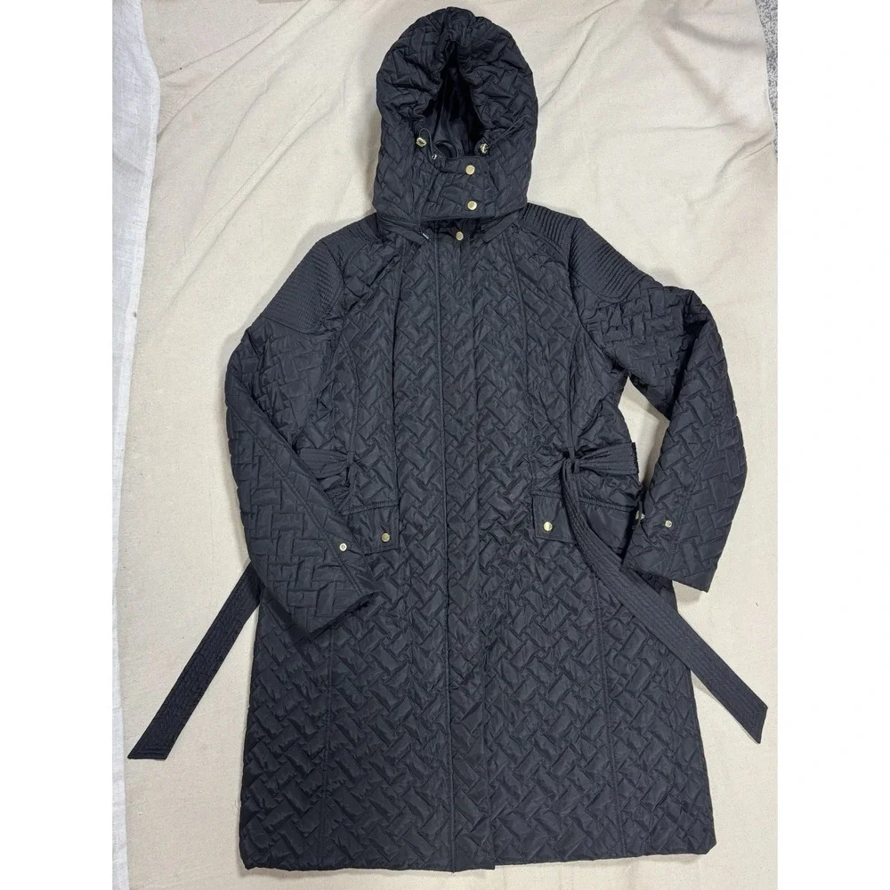 Cole Haan Signature Women's XL‎ Quilted Jacket Coat Black Belted Belt Long Hood